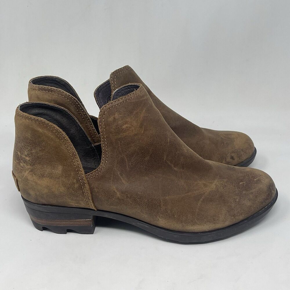 Sorel Lolla Cut Out Booties Boots Womens 9 Brown Distressed Leather Chic Comfy